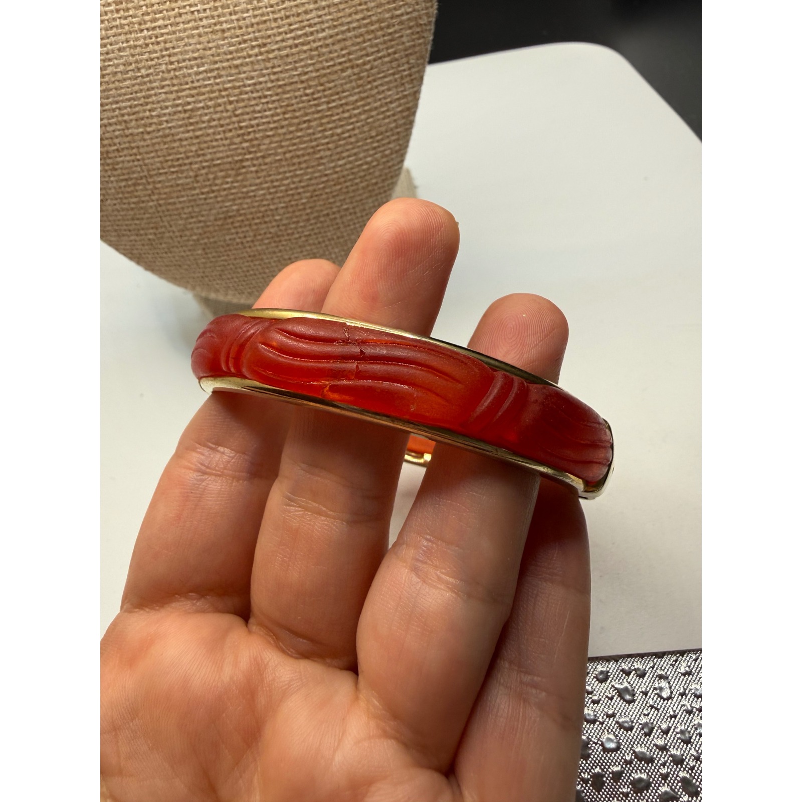 Vintage Red Carved Lucite Bangle Bracelet Gold Tone Hinged Statement Jewelry